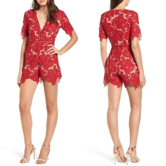 ASTR The Label Red Lace Short Sleeve V-neck Battenberg Mini Jumpsuit Romper sz S - Picture 2 of 16